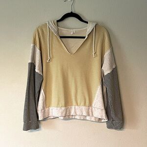 Hem & Thread Slouchy Distressed Yellow/Cream/Green Hoodie. Size Medium.